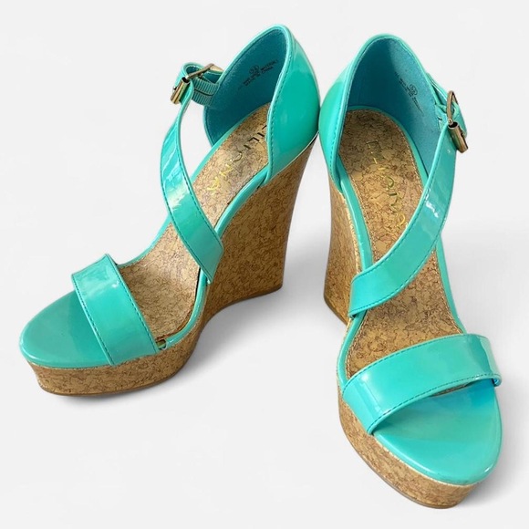 Liliana Y2K Turquoise cork platform wedge sandals size 5.5 in Blue - Picture 1 of 8